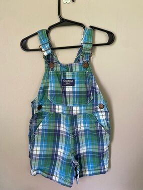 OshKosh B'gosh Blue and Green Plaid Short Overalls